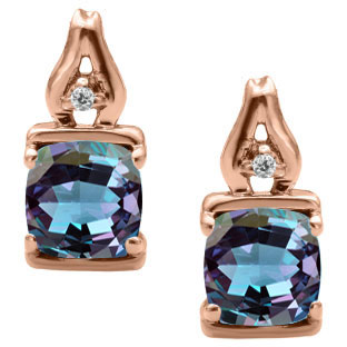Simple Cushion Alexandrite Birthstone Diamond Rose Gold Earrings By Gemologica