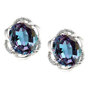 Bold Oval Alexandrite Gemstone Diamond Sterling Silver Earrings By Gemologica
