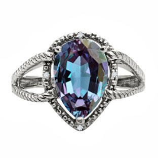 Diamond Pear Shaped Alexandrite Gemstone Silver Ring By Gemologica