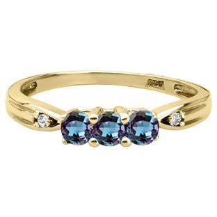 3 Stone Round Cut Alexandrite Gemstone Diamond Yellow Gold Ring by Gemologica