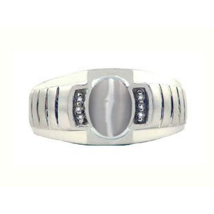 Diamond and Light Grey Cat Eye White Gold Ring For Men