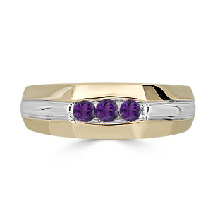 Amethyst Mens Ring - Men's 3 Stone Amethyst Ring In Two Tone Gold