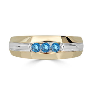 Blue Topaz Mens Ring - Men's 3 Stone Blue Topaz Ring In Two Tone Gold