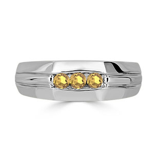 Citrine Mens Ring - Men's 3 Stone Citrine Ring In White Gold