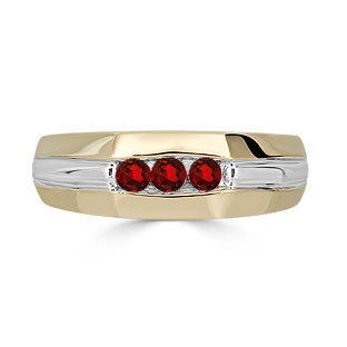 Garnet Mens Ring - Men's 3 Stone Garnet Ring In Two Tone Gold