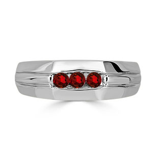 Garnet Mens Ring - Men's 3 Stone Garnet Ring In White Gold