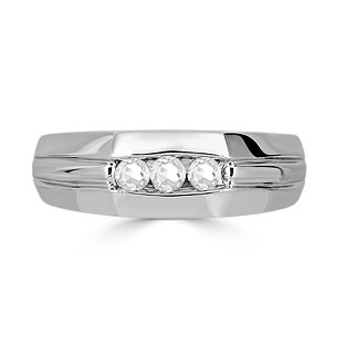 White Topaz Mens Ring - Men's 3 Stone White Topaz Ring In Sterling Silver