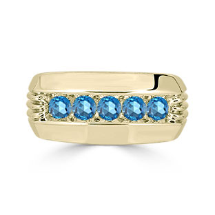 Mens Blue Topaz Ring - 5 Stone Topaz Mens Ring In Yellow Gold