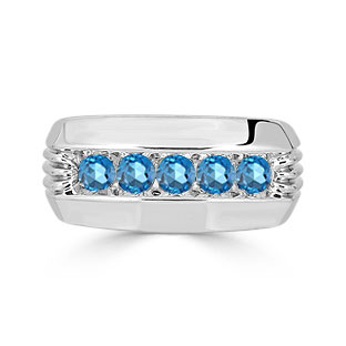 Mens Blue Topaz Ring - 5 Stone Topaz Mens Ring In White Gold
