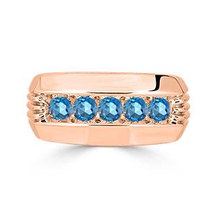 Mens Blue Topaz Ring - 5 Stone Topaz Mens Ring In Rose Gold