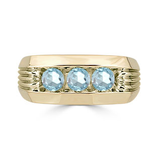 Men's Aquamarine Ring - 3 Stone Aquamarine Mens Ring In Yellow Gold