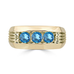 Men's Blue Topaz Ring - 3 Stone Topaz Mens Ring In Yellow Gold
