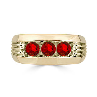 Men's Ruby Ring - 3 Stone Ruby Mens Ring In Yellow Gold