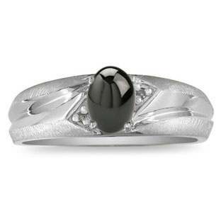 Men's Black Star Sapphire Diamond Satin-Polished Finish White Gold Ring