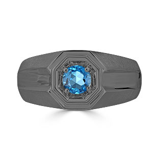 Solitaire Blue Topaz Mens Ring - Men's Topaz Ring In Black Gold