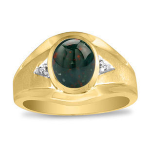 Men's Oval Bloodstone Diamond Dual Finish Yellow Gold Ring