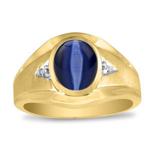 Men's Oval Midnight Blue Cat Eye Diamond Dual Finish Yellow Gold Ring