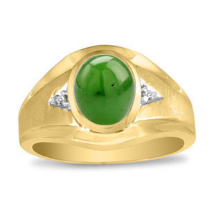 Men's Oval Jade Diamond Dual Finish Yellow Gold Ring