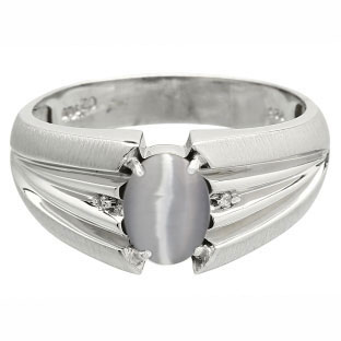 Men's Oval Cut Grey Cat Eye Stone Diamond White Gold Ring