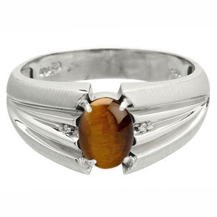 Men's Oval Cut Tiger Eye Stone Diamond White Gold Ring