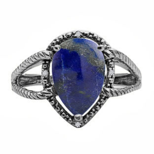 Diamond Pear Shaped Lapis Gemstone Black Gold Ring By Gemologica