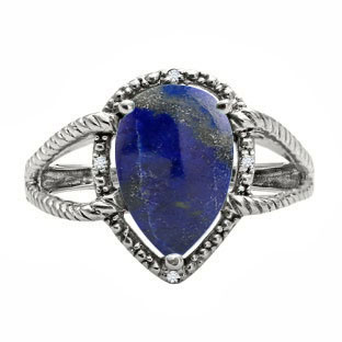 Diamond Pear Shaped Lapis Gemstone Silver Ring By Gemologica