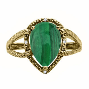 Diamond Pear Shaped Malachite Gemstone Yellow Gold Ring By Gemologica
