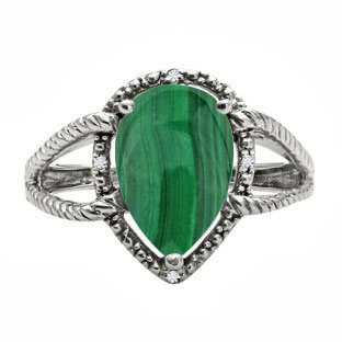 Diamond Pear Shaped Malachite Gemstone White Gold Ring By Gemologica