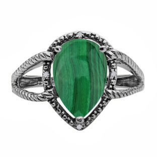 Diamond Pear Shaped Malachite Gemstone Black Gold Ring By Gemologica