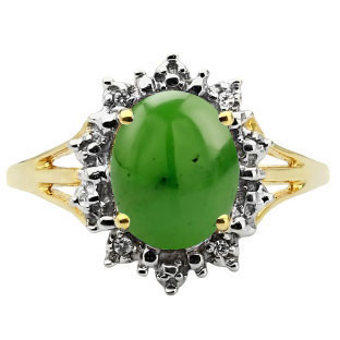 Diamond Oval Jade Gemstone Yellow Gold Starburst Ring by Gemologica
