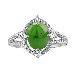 Oval Jade Diamond Silver Braided Ring by Gemologica Jewelry