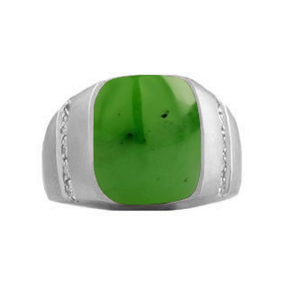 Rectangular Jade and Diamond Men's White Gold Ring By Gemologica