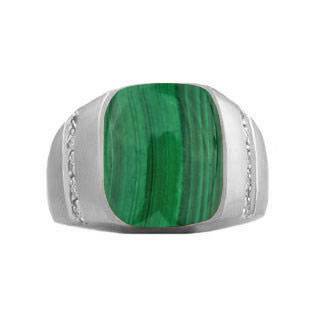 Rectangular Malachite and Diamond Men's Sterling Silver Ring By Gemologica