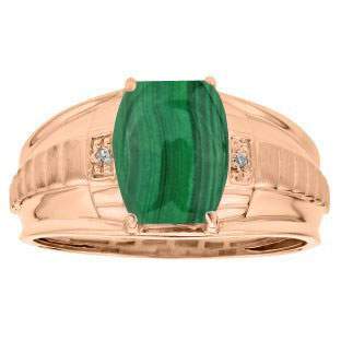 Cushion Cut Malachite Gemstone Diamond Men's Ring In Rose Gold By Gemologica