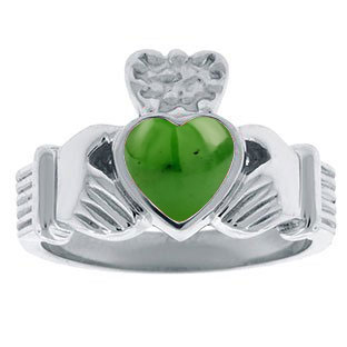 Jade Birthstone Heart Irish Claddagh Symbol Mens Wedding Ring Silver
