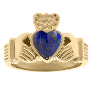 Lapis Birthstone Heart Irish Claddagh Symbol Mens Wedding Ring Yellow Gold