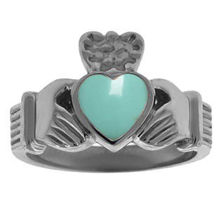 Turquoise Birthstone Heart Irish Claddagh Symbol Mens Wedding Ring Black Gold