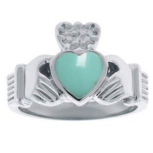 Turquoise Birthstone Heart Irish Claddagh Symbol Mens Wedding Ring Silver