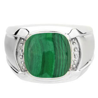 Big Men's Diamond Cushion Cut Malachite Sterling Silver Ring By Gemologica