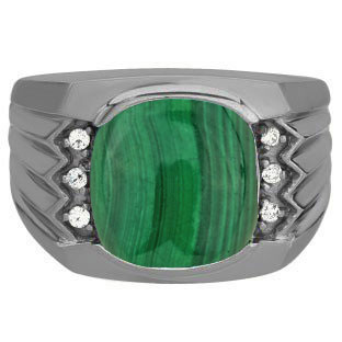 Large Men's Cushion Cut Malachite Diamond Black Gold Ring by Gemologica