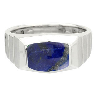 Barrel-Cut Lapis Stone Ring For Men In White Gold By Gemologica
