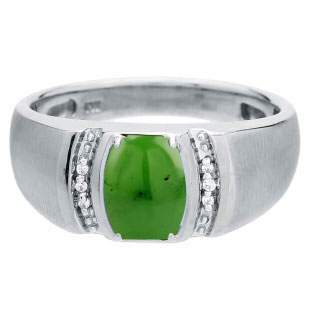 Men's Barrel-Cut Jade Stone Diamond Custom Finger Silver Ring