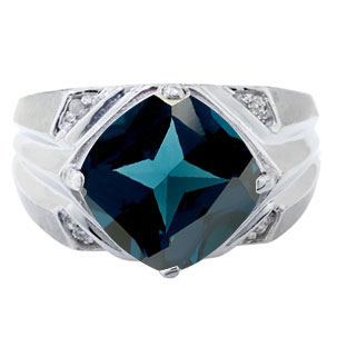 White Gold Men's Large Antique Cushion Cut London Blue Topaz Diamond Ring