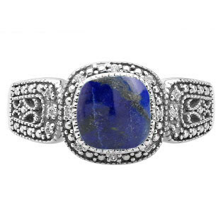 Cushion-Cut Lapis Sterling Silver Diamond Filigree Vintage Style Ring