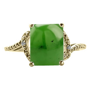 Simple Yellow Gold Emerald-Cut Jade Diamond Ring by Gemologica Jewelry