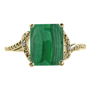 Simple Yellow Gold Emerald-Cut Malachite Diamond Ring by Gemologica Jewelry