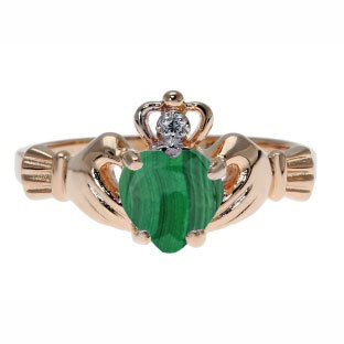 Rose Gold Diamond Malachite Birthstone Heart Irish Claddagh Ring