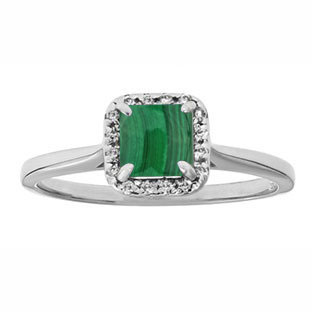Malachite Gemstone Diamond Halo Ring In White Gold by Gemologica Jewelry