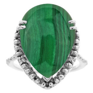 Big Pear Cut Malachite Gemstone Diamond Ring In Sterling Silver