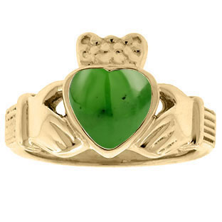 Jade Birthstone Heart Irish Claddagh Symbol Wedding Ring In Yellow Gold
